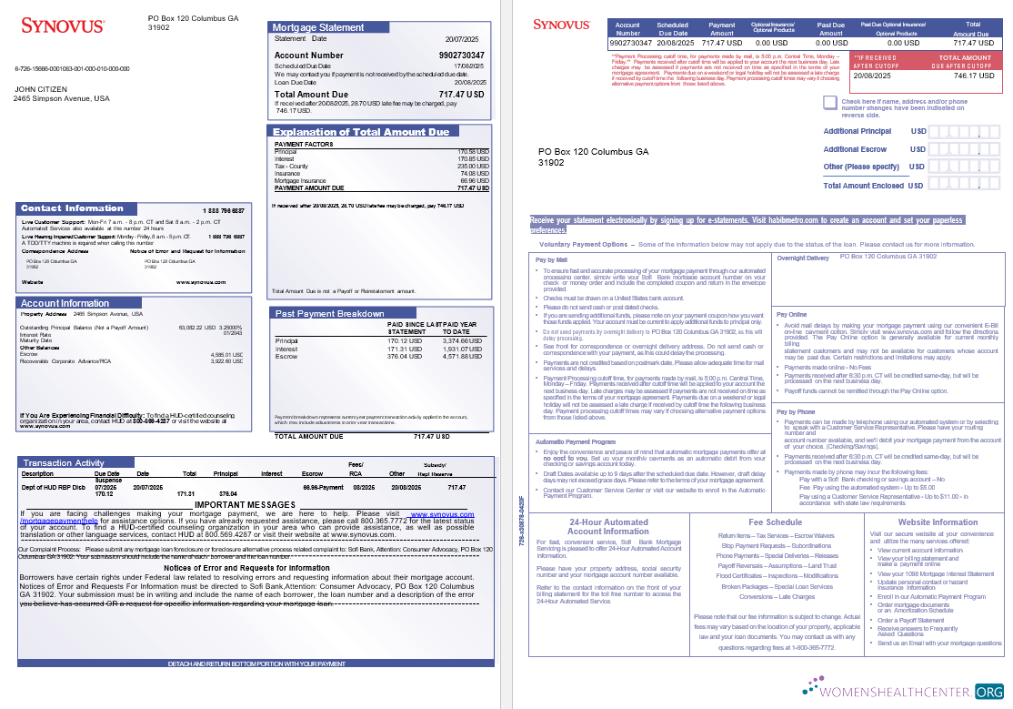 Download USA Synovus bank mortgage statement in Word and PDF formats, 3 pages 1 2 Photoshop template